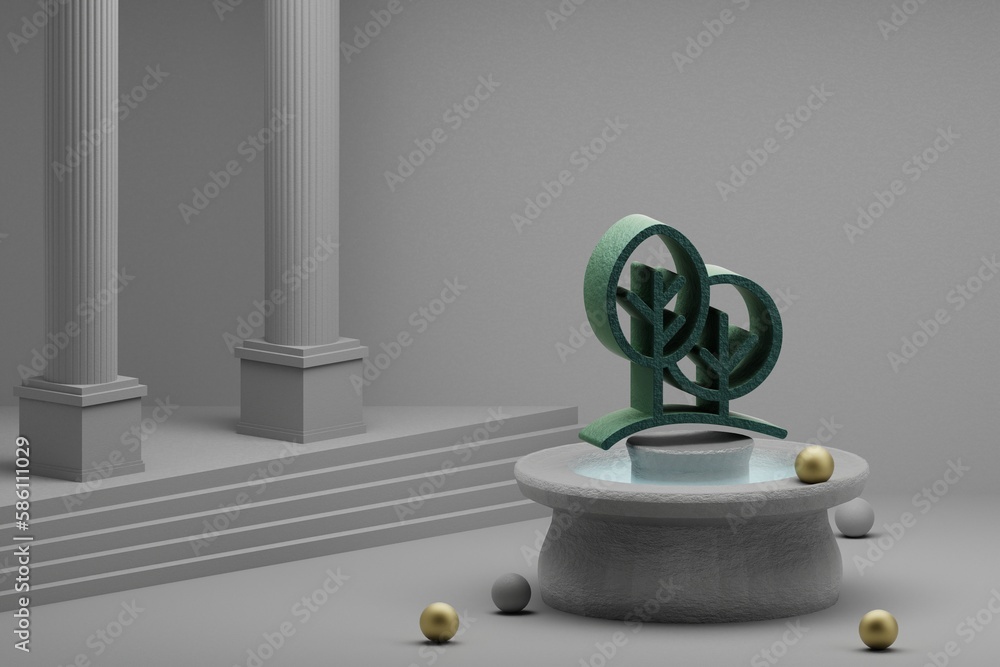 Leinwandbilder beautiful abstract illustrations forest symbol icon on a fountain and column background. 3d renderin