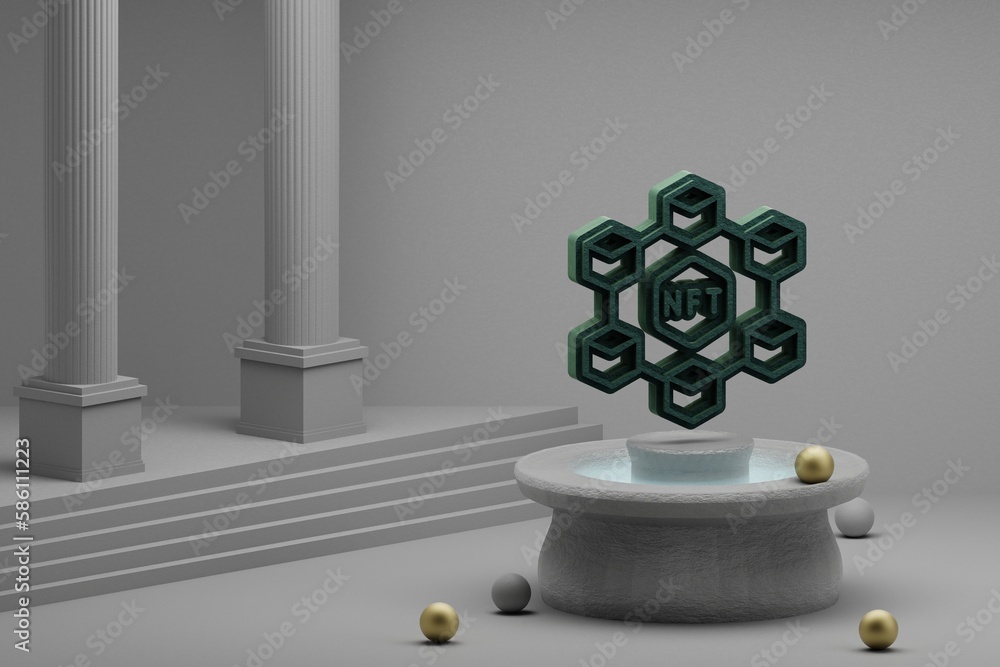 Poster beautiful abstract illustrations green nft social symbol icon on a fountain and column background. 3