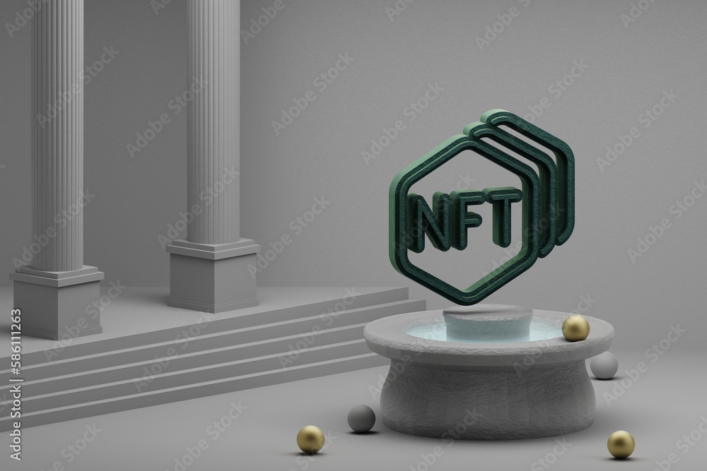 Poster beautiful abstract illustrations green nft collection symbol icon on a fountain and column backgroun
