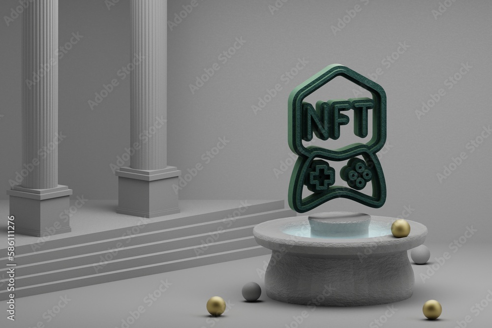 Poster beautiful abstract illustrations green nft game symbol icon on a fountain and column background. 3d 