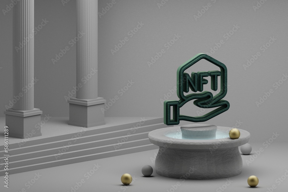 Aufkleber beautiful abstract illustrations green nft hand symbol icon on a fountain and column background. 3d 