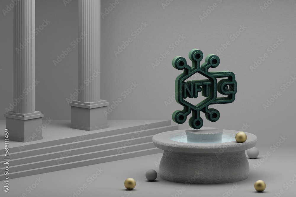 Poster beautiful abstract illustrations green nft wallet symbol icon on a fountain and column background. 3