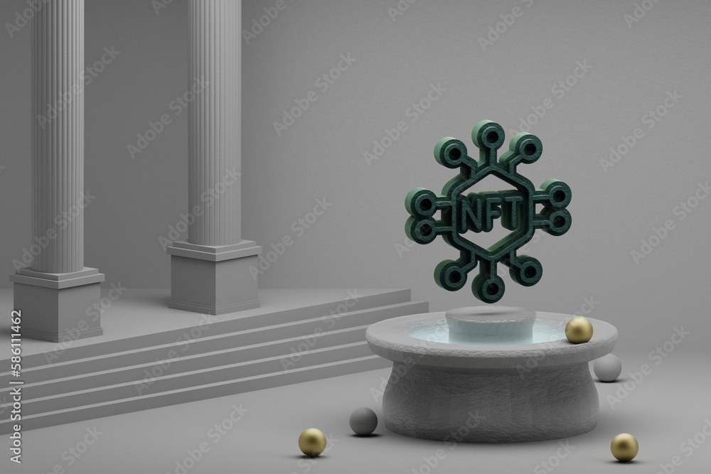 Aufkleber beautiful abstract illustrations green nft tokens symbol icon on a fountain and column background. 3