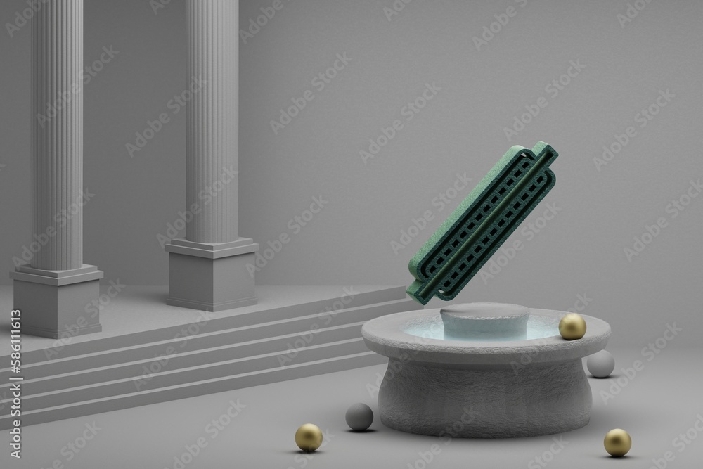 Poster Beautiful abstract illustrations musical One Harmonica symbol icon on a fountain and column background. 3d rendering illustration.