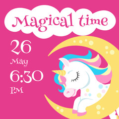 Invitation card with unicorn. Cute magic animal on banner template