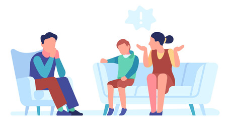 Man listening mother talking about kid behavior. Child problem