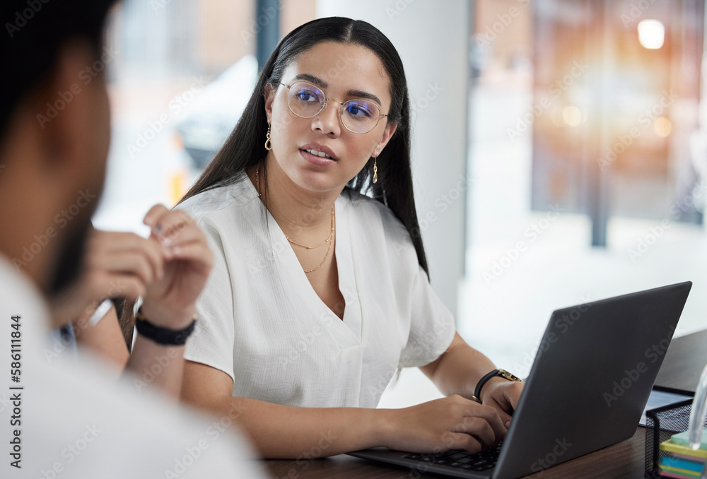 Canvas Prints Business meeting, workshop and woman in office with laptop for team discussion on strategy and planning. Project management, conversation and team brainstorming for proposal, deal or job development.