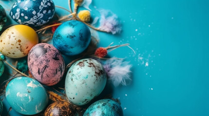 Fototapeta na wymiar Beautifully Decorated Easter and Quail Eggs on a Bright Blue Background in Celebration of Spring and the Holidays - Generative AI