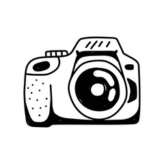 Doodle illustration of a camera isolated on a white background. Camera icon drawn by hand. Vector illustration