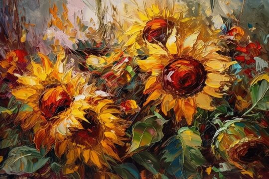 vibrant bouquet of sunflowers in a vase created with Generative AI technology