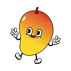 Cute funny jumping Mango character. Vector hand drawn traditional cartoon vintage, retro, kawaii character illustration icon. Isolated on white background. Mango jump character concept