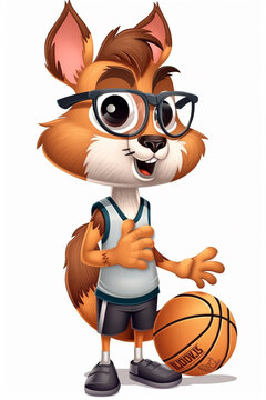 Cute cartoon squirrel in basketball uniform isolated on white background. AI Generated