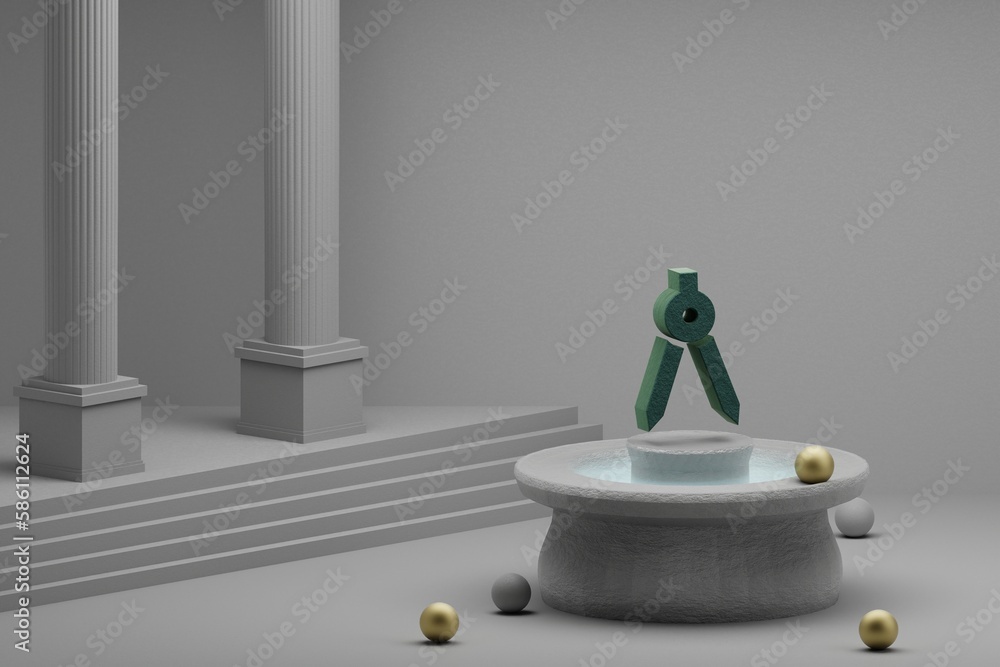 Poster Beautiful abstract illustrations Green Architecture symbol icon on a fountain and column background. 3d rendering illustration.