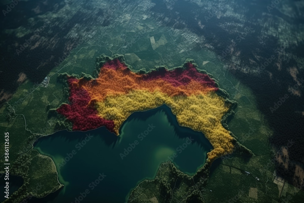 Poster serene lake with surrounding landscapes viewed from above created with generative ai technology