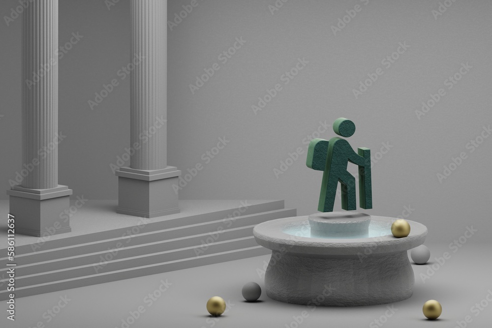 Poster beautiful abstract illustrations green hiking symbol icon on a fountain and column background. 3d re