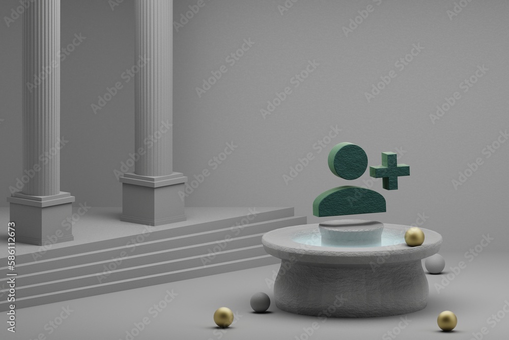Poster Beautiful abstract illustrations Green Person Add 1  symbol icon on a fountain and column background. 3d rendering illustration.