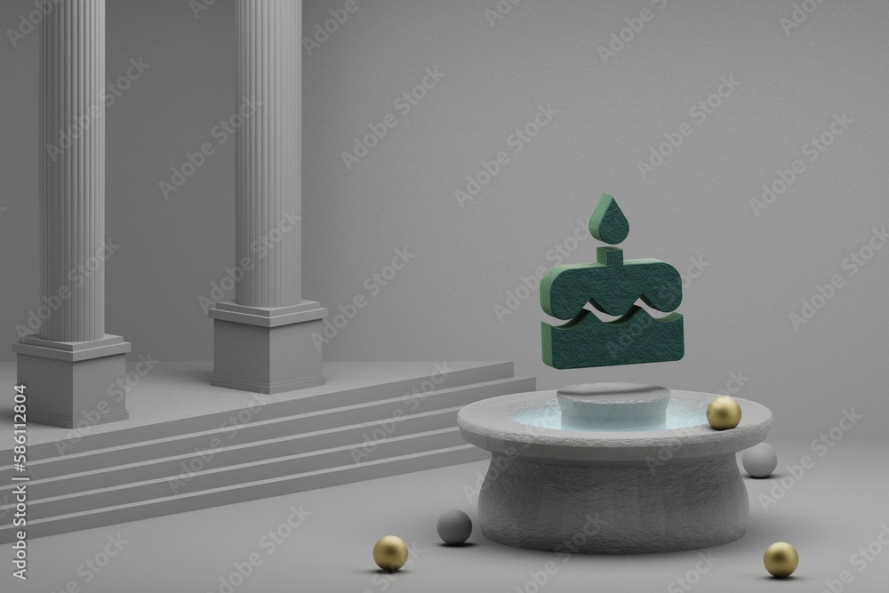 Poster beautiful abstract illustrations green cake symbol icon on a fountain and column background. 3d rend