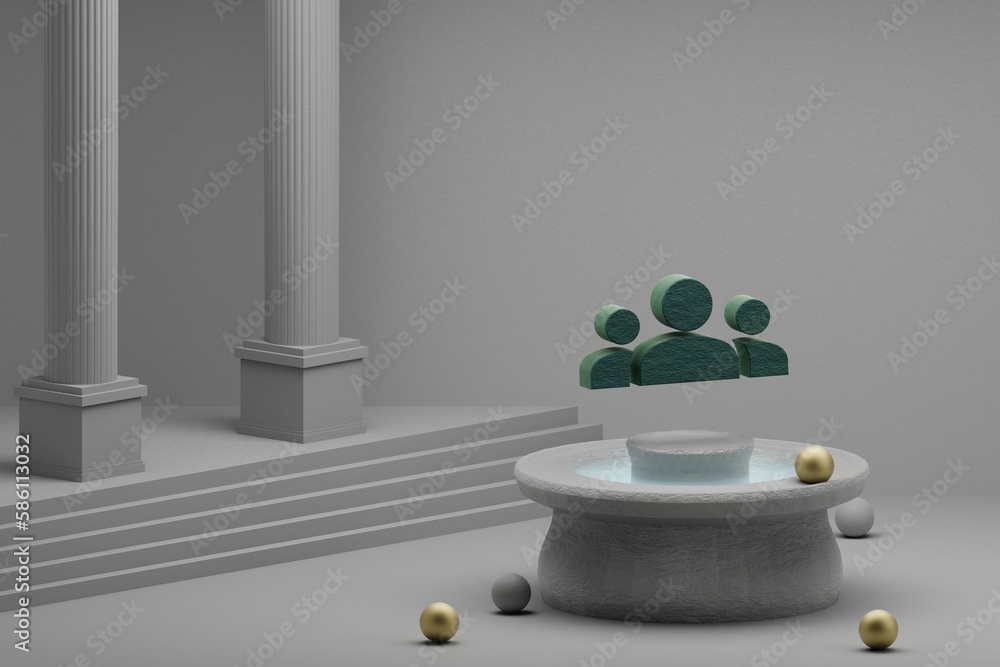 Poster beautiful abstract illustrations green groups symbol icon on a fountain and column background. 3d re