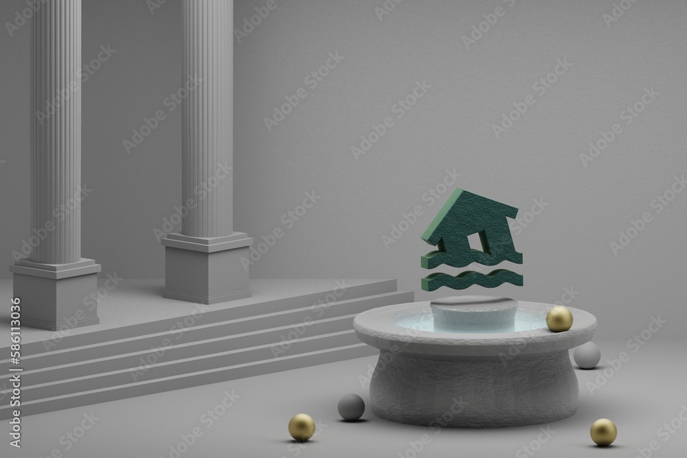 Poster Beautiful abstract illustrations Green Flood symbol icon on a fountain and column background. 3d rendering illustration.