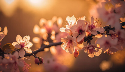 Spring flower background with white and pink cherry blossoms, sakura blossom, Generative AI