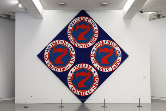 Nice, France - 21.11.2022: "The Seventh american dream" artwork by artist Robert Indiana, oil on canvas, 1997-1998. Exposed at the Museum of Modern Art (MAMAC) in Nice.