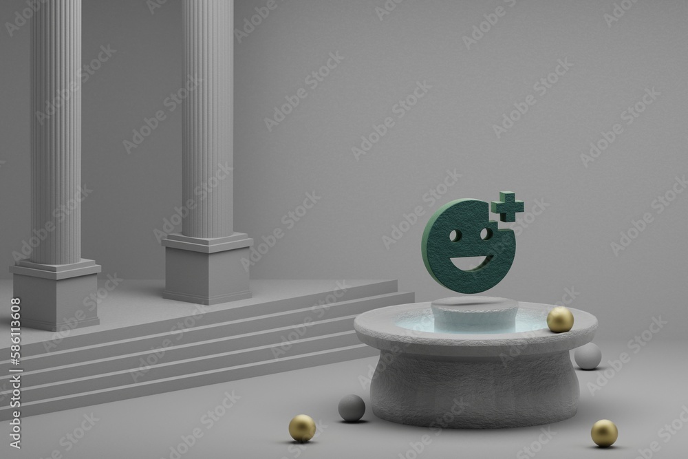 Poster Beautiful abstract illustrations Green Add Reaction symbol icon on a fountain and column background. 3d rendering illustration.