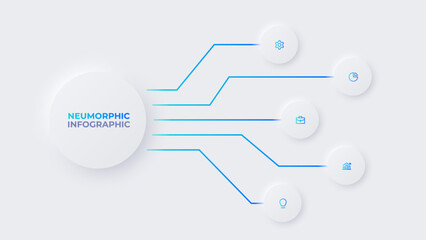Neumorphic infographic timeline design template. Business data visualization with 5 options