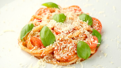 Italian pasta spaghetti with tomatoes, basil leaves and cheese parmesan