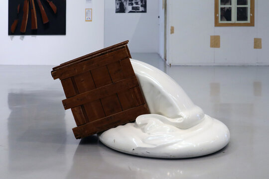 Nice, France - 21.11.2022: "Expansion n27" artwork by artist Cesar, expanded polyurethane in wooden crate, 1971. Exposed at the Museum of Modern Art (MAMAC) in Nice..