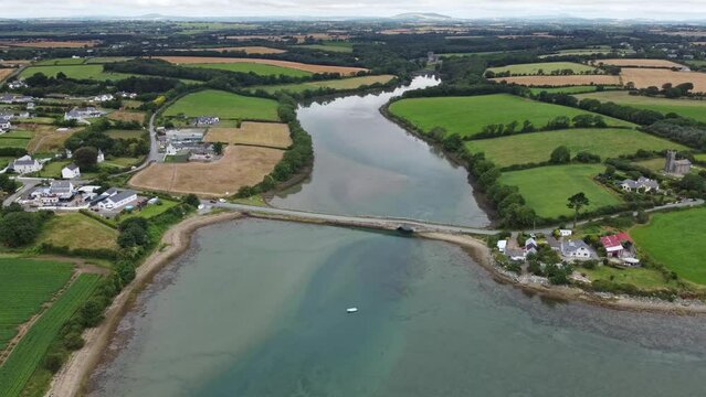 Aerial Saltmills Wexford Ireland Bannow Bay inlet flowing from Tintern Abbey