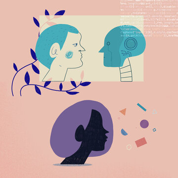 A Man facing a Machine Robot and coding, a Woman's profile and abstract shapes