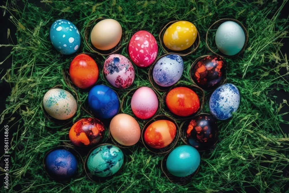 Poster group of colorful easter eggs hidden in a grassy field created with generative ai technology