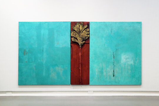 Nice, France - 21.11.2022: "Triptyque n6" artwork by artist Gerald Thupinier, mixed media on canvas and wood, 1998. Exposed at the Museum of Modern Art (MAMAC) in Nice.