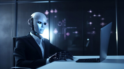 AI chat bot communicate and answer question to businessman with smart solution idea. Artificial Intelligence powered system. Generative AI.