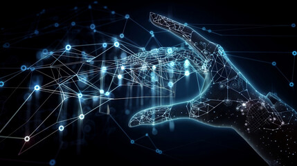Machine learning, Hands of robot and human touching on big data network connection background, Science and artificial intelligence technology, innovation and futuristic. Generative AI.