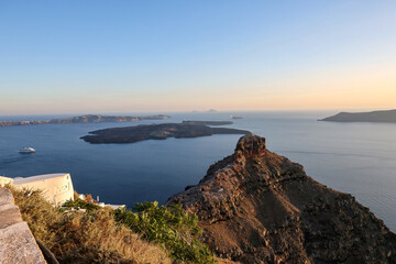 The beautiful caldera and Skaros rock view from Imerovigli terrace on Santorini, Greece