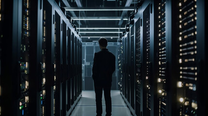 Engineer manager connecting data center on global networking in server room of storage systems and connect of data on internet network business. Generative AI.
