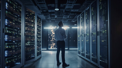 Engineer manager connecting data center on global networking in server room of storage systems and connect of data on internet network business. Generative AI.