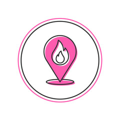 Filled outline Map pointer with fire flame icon isolated on white background. Fire nearby. Vector