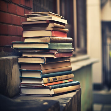 Pile of old books on the street. Retro style toned image. Generative AI