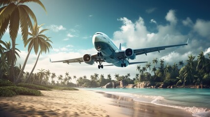 The plane flies over a tropical beach with palm trees. Vacation and holiday season. Passenger airplane. The concept of travel. Generative AI