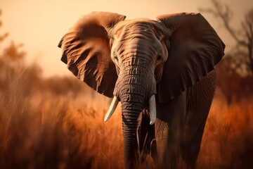 Naklejka na ściany i meble African bush elephant is walking across savanna under sunlight. Generative AI.