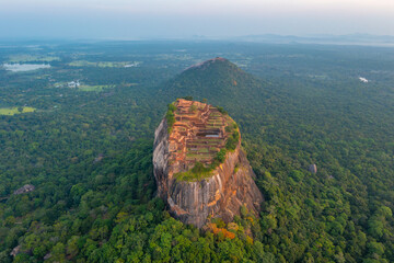 Sunrise aerial view of Sigiriya rock fortress in Sri Lanka