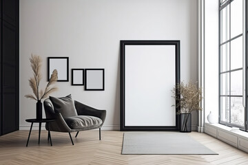 wooden black frame mockup in trendy minimalist living room interior with armchair and neutral background