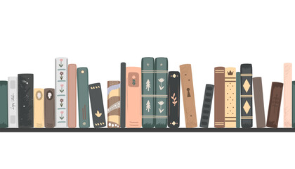 Seamless border of vintage novel and fairy tales books. Standing books composition isolated on white background. Home library. Vector illustration
