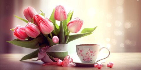 Fototapeta premium Tulpenstrauss in der Vase mit Kaffeetasse, generative AI