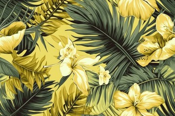 Illustration of yellow flowers and leaves on a yellow background created with Generative AI technology