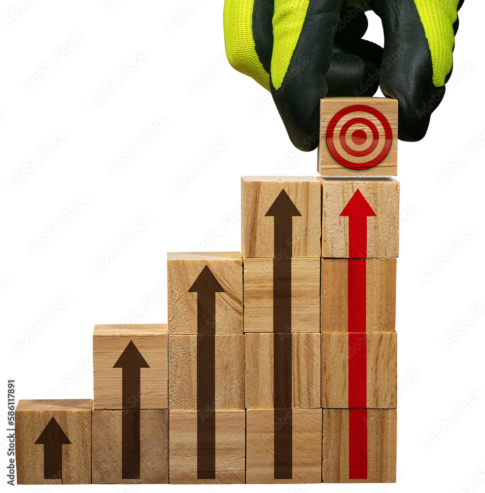 Poster gloved hand arranging wood blocks as step stair with a target symbol on the last step and red and br