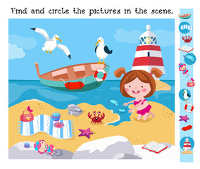 Obraz na płótnie Canvas Find and circle objects. Educational puzzle game for children. Cute little girl by sea. Animals on beach in summer. Cartoon characters, boat and lighthouse. Vector illustration.