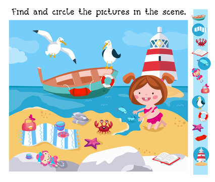 Find and circle objects. Educational puzzle game for children. Cute little girl by sea. Animals on beach in summer. Cartoon characters, boat and lighthouse. Vector illustration.